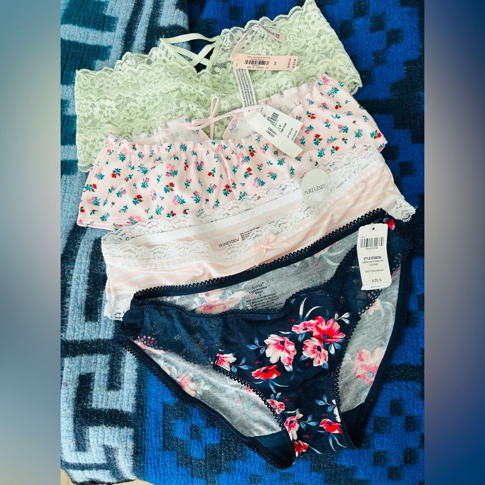 Bundle of Floral & Lace Bikini Panty Set - Pink, Navy, Mint